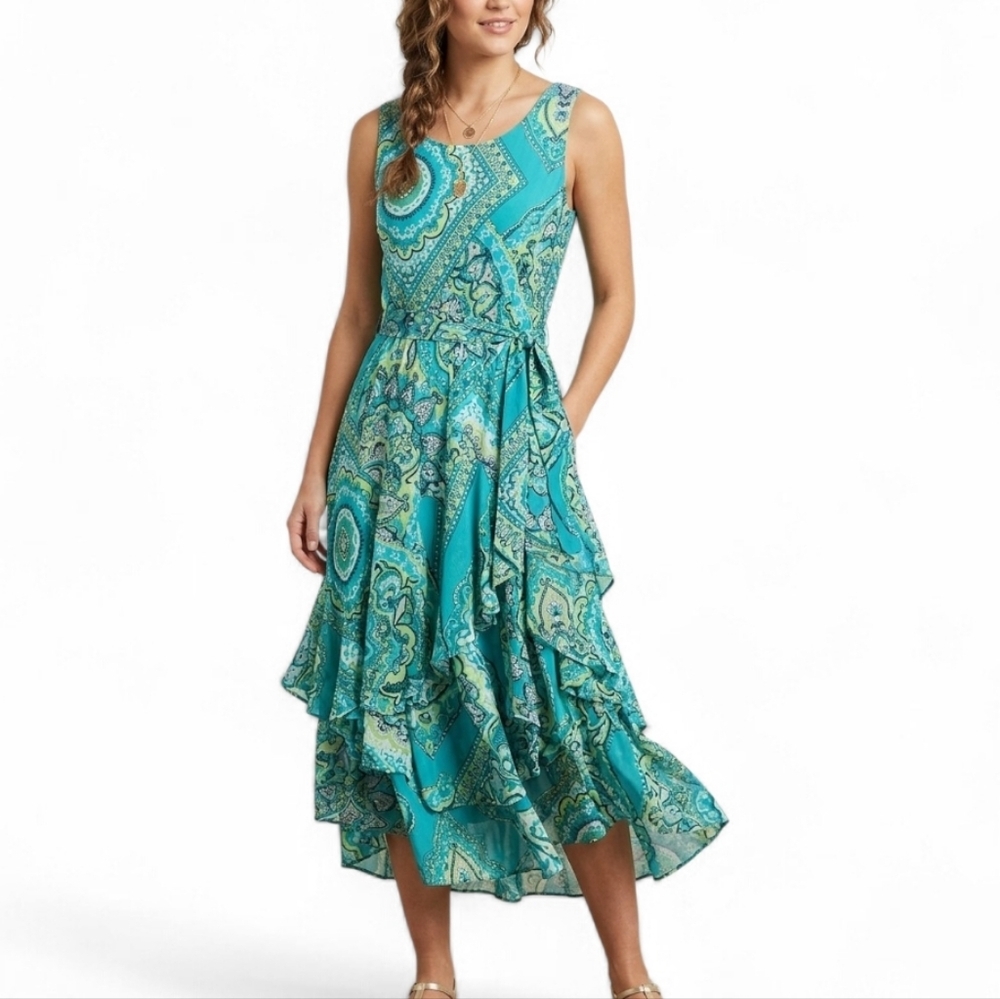 Robbie Bee Teal Blue Fairycore Paisley Mandala Ruffle Midi Dress